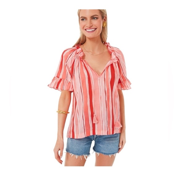 Tuckernuck Cassis Top XS NWT Sunrise Stripes Pink Cotton Ruffle Sleeve Boho - Picture 1 of 8